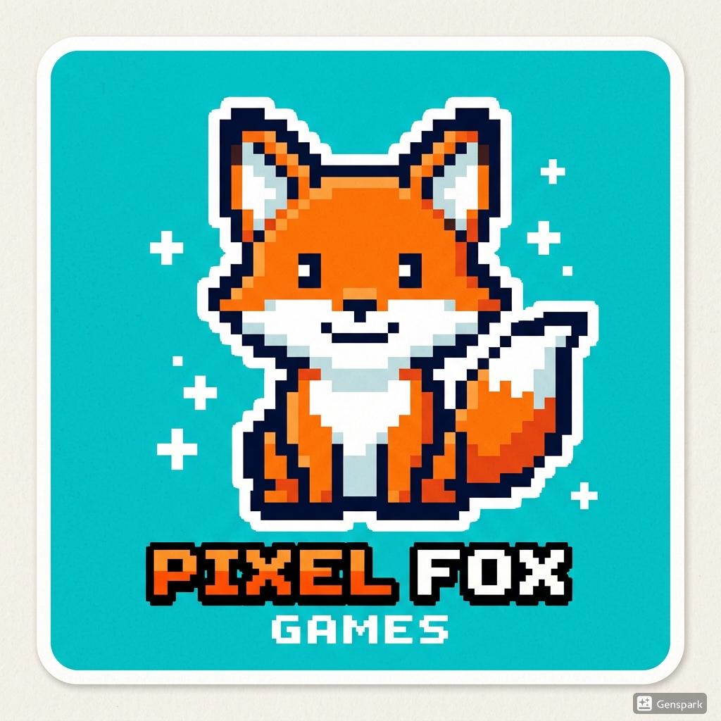 Pixel-art fox mascot design example in orange and white on teal background