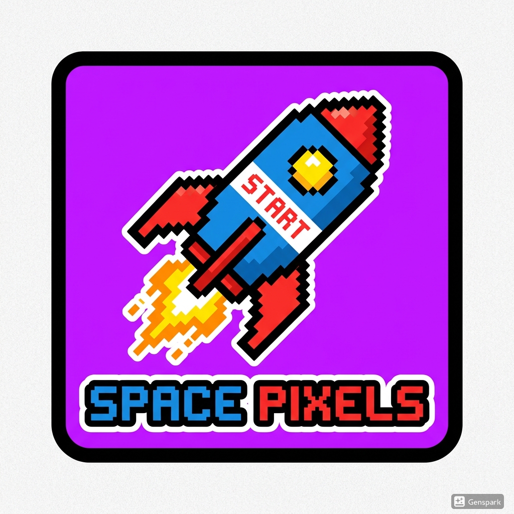 Pixel-art rocket ship icon design example in blue and red on purple background