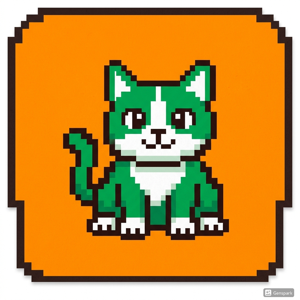 Pixel-art cat mascot design example in green and white on orange background