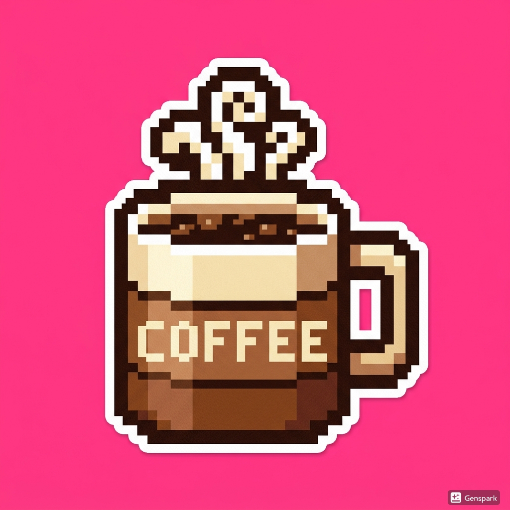 Pixel-art coffee cup icon design example in brown and cream on pink background