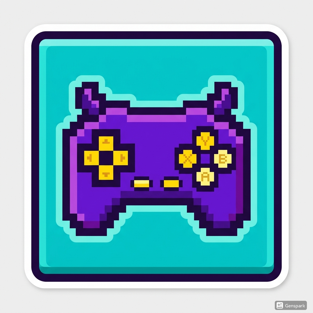 Pixel-art game controller icon design example in violet and yellow on teal background